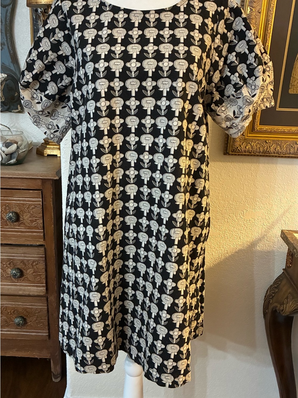 Uncle Frank Black and White Floral-Print  Shift Dress Cotton Flax Blend Sz S